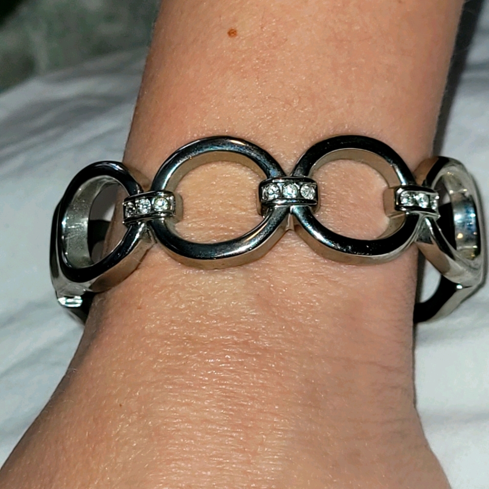 Silver, Hinged Bangle Bracelet. Ovals & Gems.